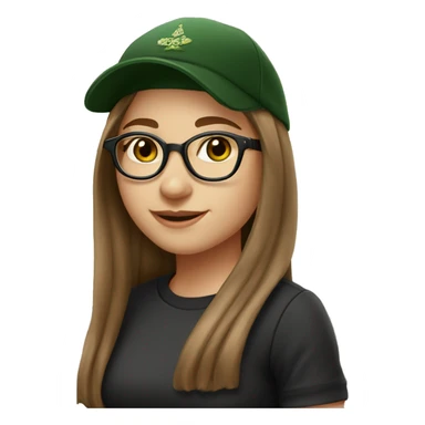 Slavic girl, light skin, smiling with teeth, round brown eyes, spotted frame glasses, long brown straight hair, black T-shirt, dark green cap, black badge ribbon sticker