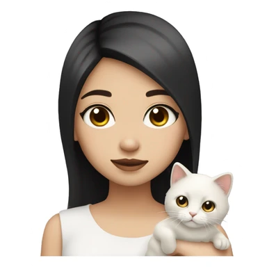 Emoji girl, light skin, black straight hair, brown eyes, beautiful, holding white fluffy cat sticker