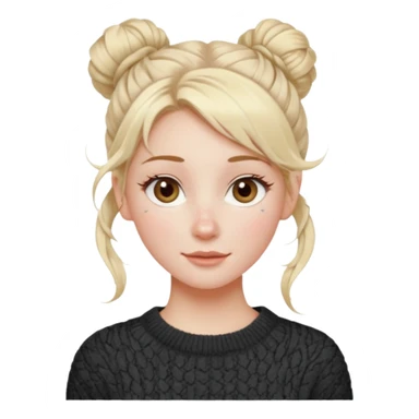 blonde hazel eyes woman with a white cable knit sweater and one messy bun with tendrils of hair flowing down her face and she is happy pale, some freckles, blush. she has a cateye wing and long lashes sticker