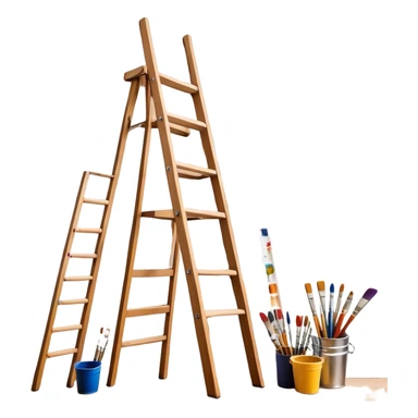 Wall painting icon, hand-painted mural on a wall, visible paintbrushes, paint pots, and ladder, a beautiful picture in progress on the wall, intricate patterns or designs, minimalistic style, clean lines, transparent background. sticker