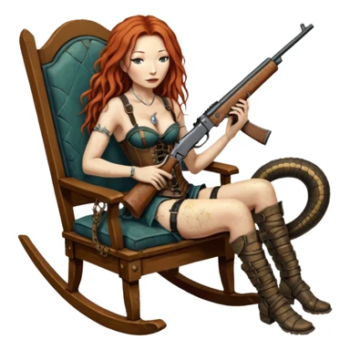 solarpunk ultra HD very old and tired Tori Amos casually crouches on a rocking chair in a torn corset, holding a lintlock double-barreled rifle and with muddy feet. a bronze snake wrapped itself around the chair sticker