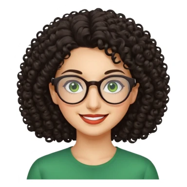 iranian woman, tight curly hair, glasses, green eyes, pretty, oval shape face sticker