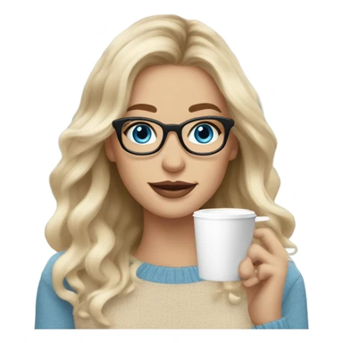 Blonde balayage long hair white women beige sweater blue eyes and small glasses holding coffee sticker
