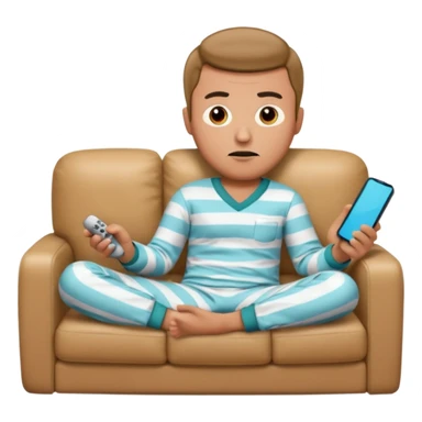 male memoji, lazy man in pajamas, lying on couch, holding TV remote, relaxed bored face, casual home vibe sticker