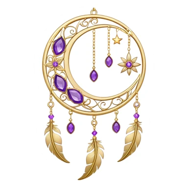 Epic beautiful gorgeous cute gold suncatcher, threads with shiny sparkly amethyst gemstones, flowers, crescents-moons, stars, gold Feathers  sticker