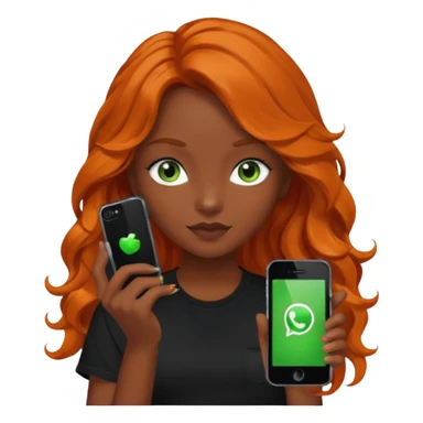 Girl with dark long orange wavy hair, green eyes, and black t-shirt and phone with black  app on hand sticker