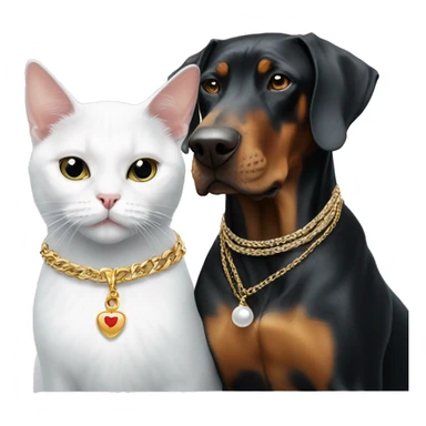 White cat with necklace sitting with Doberman sticker