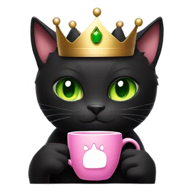 Black Cat with green eyes with crown on it’s head holding cup of coffe with it’s paw with pink nails sticker