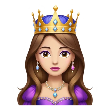 Queen, brown long hair, big golden crown encrusted with diamonds from blue to purple to pink, black dress sticker