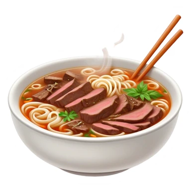 Cinematic Realistic Pho Dish Emoji, depicted as a steaming bowl of aromatic beef noodle soup with herbs rendered with lifelike textures and vibrant, warm lighting. sticker