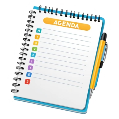 A colorful spiral notebook with 'AGENDA' at the top and bullet point items below it sticker