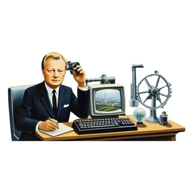 modernization scene in Germany late 1960s to 1970s with modern factories, computers, solar panels, people from industry, science, and society, gears, lightbulb, autobahn, small portraits or silhouettes of Willy Brandt and Helmut Schmidt, optimistic atmosphere sticker