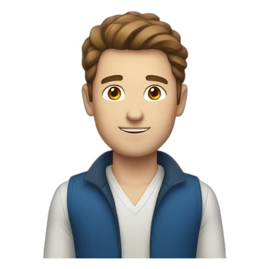 White guy with brown hair and a blue vest sticker