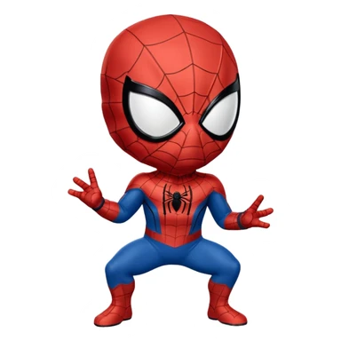 Un piccolo Spider-Man stilizzato in versione “chibi” o cartoonesca, appeso a testa in giù da un filo di ragnatela sottile. Il costume è classico,  La posa è compatta, con le braccia e le gambe piegate verso il corpo, dando un senso di leggerezza e simpatia.  sticker