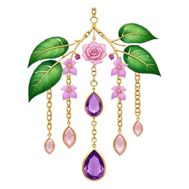 Hanging suncatcher, gold chains with shiny sparkly amethyst and rose-quartz gemstones, flowers, beautiful leaves, gorgeous aesthetics sticker
