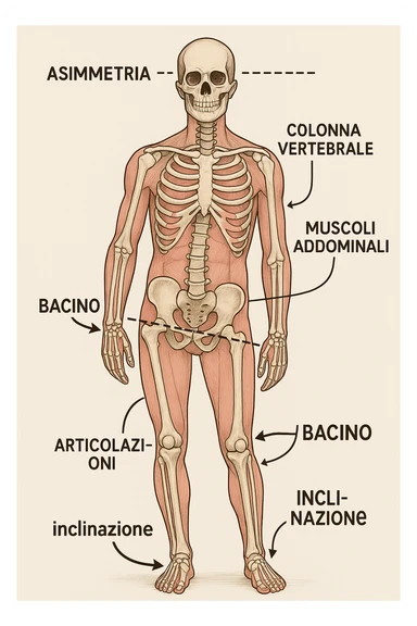 Uomo con problemi di asimmetrie e bacino inclinato, visione anatomica in italiano sticker