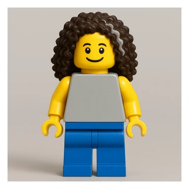 Create a full body LEGO minifigure based on the provided face image. Include the clearly whitish-gray section of hair, keep the smile, and maintain the playful classic LEGO style. Show the classic LEGO body, arms, and legs in the design. sticker