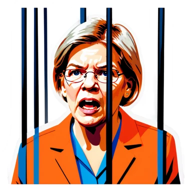 Make a picture of Senator Elizabeth Warren wearing an orange jumpsuit and behind bars make her look worried but only about herself more realistic sticker