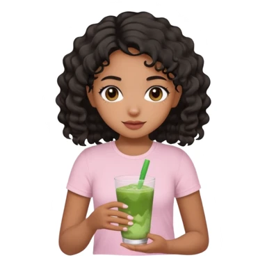 brown girl with wavy to curly black hair with iced matcha. the girl is wearing a baby pink top. sticker