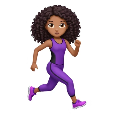 Uma boneca morena escura com olhos castanhos e cabelo cacheado longo até o peito, treinando correndo a roupa roxa com detalhes preto sticker