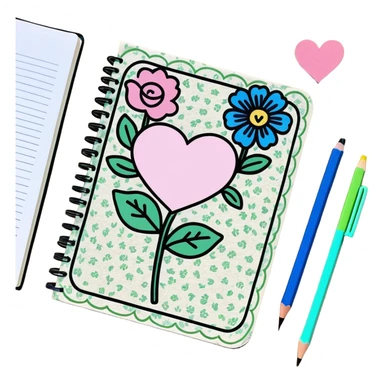 A whimsical notebook open showing pink color heart dollars and blue and green flowers with a pencil, sitting on an antique wooden tablet covered in a floral print pastel tablecloth, watercolor die-cut sticker, 8k sticker