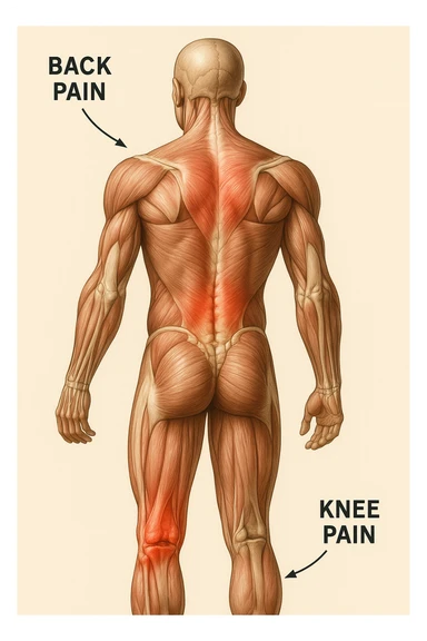 corpo umano anatomico con mal di schiena e al ginocchio, iperrealistico 4k sticker