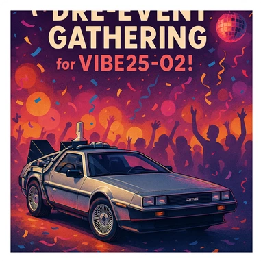 stylish invitation with a DeLorean, including the text 'Pre-Event Gathering for VIBE25-02!', party atmosphere sticker