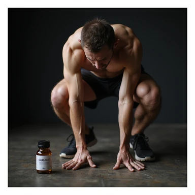 photo realistic crossfit athlete with rigid and painful posture, hands on painful knees, visible muscles, vials labeled 'Stanozololo' next to him, intense light, gym background sticker