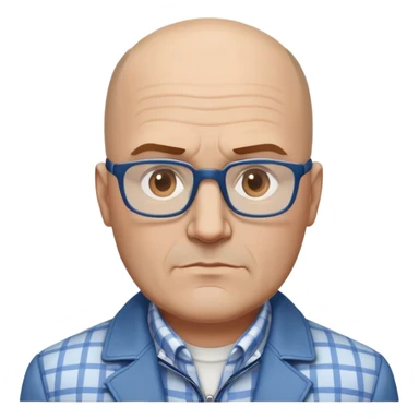 50-year-old heavyset man with very wide face and prominent square jawline. Little to no hair on the sides with some hair on top, balding pattern. Large dark square glasses. Serious-relaxed expression. Light gray jacket that fits his larger frame, white shirt with blue checkered pattern. sticker