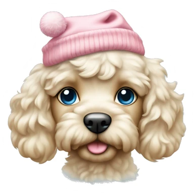 Cream cockapoo puppy whole body with pastel blue eyes, and with pink Christmas hat sticker