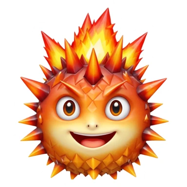 A single spiky crystal rock character, compact and round with many chunky flame-like spikes, glowing red–orange–yellow gradient like fire, faceted crystal texture, cute face with big shiny eyes and excited smile, sticker