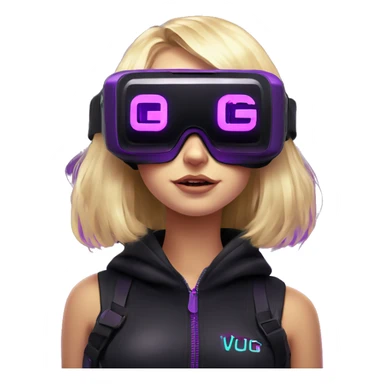 Russian cute blond girl wearing black hoody with violet letters "OMG", in vr headset. Cyberpunk style. Violet neon. sticker