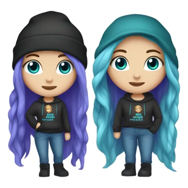 White girl, blue eyes, long teal hair, purple beanie hat, black hoodie, blue jeans, black shoes sticker