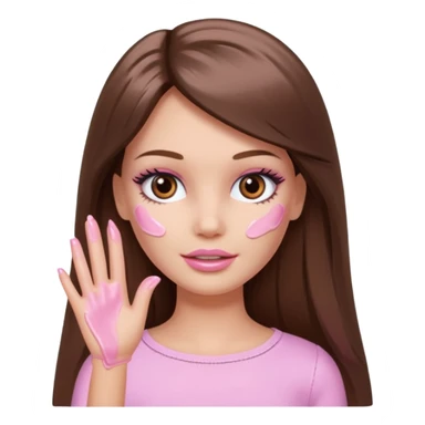 Barbie girl a brown long Straight hair and brown eyes is In pale pink smears by hand cosmetic cream on her face sticker