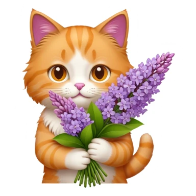 cat holding a bouquet of purple lilac flowers in hand, emoji style sticker