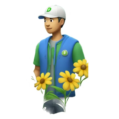 a botanist white asian man with luigi "D" cap and blue clothes holds various flowers sticker
