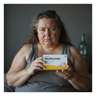 hyperrealistic 4K vertical 9:16 image of an overweight woman with signs of insulin resistance sitting, showing a box of Metformin towards the camera with an unsatisfied look, face with acne and fine hair, thin hair, white background sticker