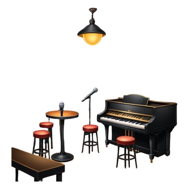 inside of a jazz nightclub, stage with microphone, dim lighting, small tables, cozy atmosphere sticker