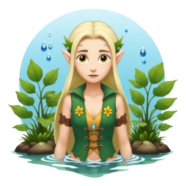 elf female legolas wading in shallow tide pool, palm emitting soft green light to heal glowing coral, practical open vest over bare chest, determined gaze, pointy ears, vibrant underwater plants, centered emoji, nature guardian summer sticker