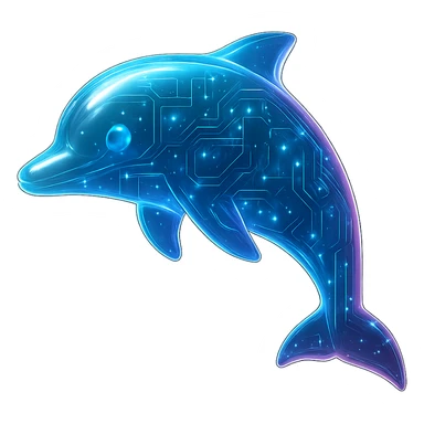 Create a dolphin icon in a cyberpunk, holographic style with glowing neon blue and pink edges, circuit patterns throughout the entire dolphin, and a transparent background. The design should clearly show the dolphin's shape, with neon and circuit effects in a futuristic, clean style consistent with previous cyberpunk icons. The whole icon should have a consistent cyberpunk glow and intricate circuit details. sticker