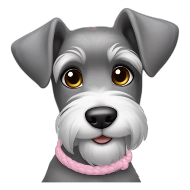 female dog color "pepper and salt" breed medium Schnauzer with hanging ears hanging ears and a pale pink string around its neck sticker