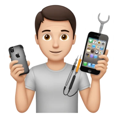 make a white guy with dark brown hair, with a simple white o grey shirt, repairing an iphone happy, tecnician with small tools for phone sticker