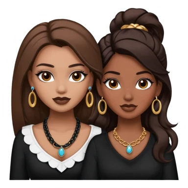 Boujy baddie best friends, trendy heavy makeup both dark hair one light skinned and one mocha brown pretty hair style both wearing black and earrings and necklace one mocha brown skin sticker