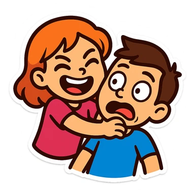 vibrant cartoon emoji sticker of a girl playfully grabbing a boy's neck, both characters with expressive, humorous faces, designed for chat sticker use sticker