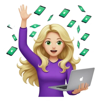 lady with long blonde wavy hair, purple top, green eyes throwing her with a laptop hands in the air screaming sticker