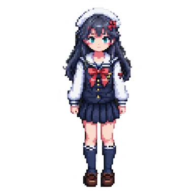 Japanese anime schoolgirl with classic sailor uniform in pixel art style sticker