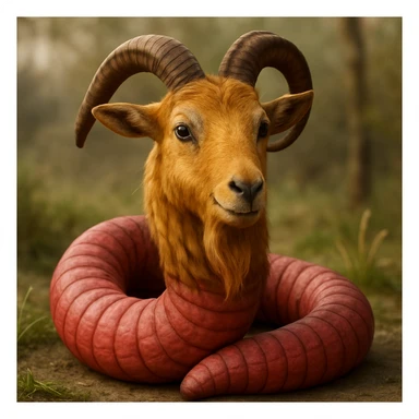 Make this goat-worm hybrid more realistic with a goat's head and beard showing lifelike fur, a coiled worm body with realistic segments and subtle color, and expressive but natural eyes. Render in photorealistic style. sticker