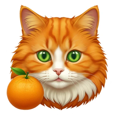 Orange cat eating an orange fruit that has a cat face drawn on it sticker