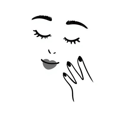 A hand-drawn face with closed smiling eyes with eyelashes, pursed lips wearing lipstick, and a hand with painted nails where only the thumb is out sticker