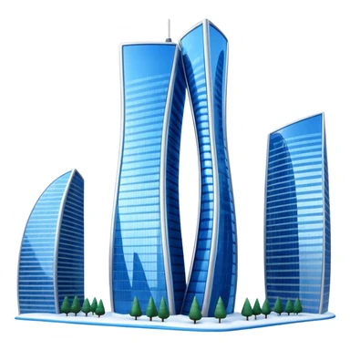 Apple style 3D emoji of the Evolution Tower from Moscow City.
Twisted skyscraper made of blue reflective glass, realistic reflections, light snow on the edges. Glossy 3D icon, smooth shading, high quality, isolated on a white background. sticker